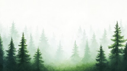 Fototapeta premium Painting of a dense fir forest landscape with trees shrouded in fog and mist in a serene natural setting