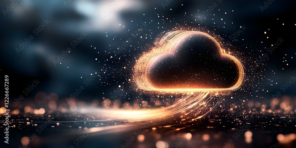 Poster a glowing digital cloud icon with swirling lights and particles, representing data transfer and clou
