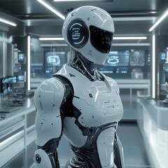 Female Robot in Futuristic Lab, Research, AI