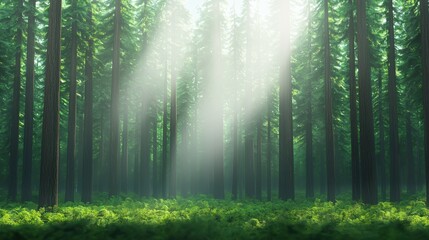 Misty landscape of a dense fir forest with sunlight filtering through the trees in a serene natural setting