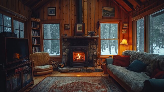 A cozy cabin in the woods representing comfort, with warm light glowing from the windows and a fireplace, inviting relaxation and warmth 
