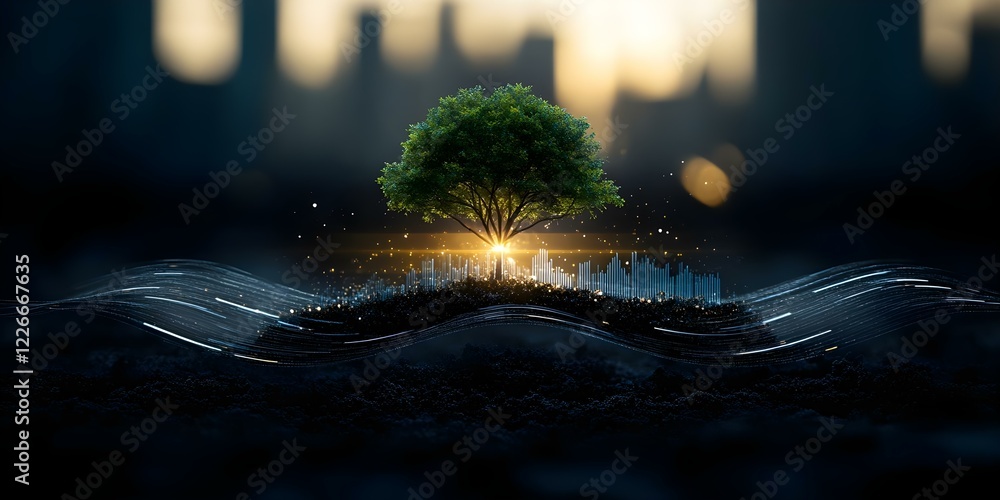 Poster a vibrant tree emits light, surrounded by a wave-like pattern, symbolizing nature and technology in 