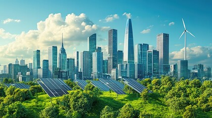 Fototapeta premium A conceptual image of a futuristic city skyline with advanced buildings, green spaces, and renewable energy sources integrated into design 