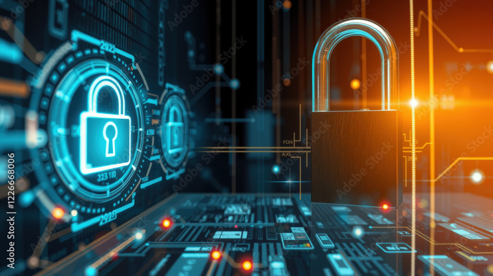 Poster digital padlock symbolizes cybersecurity on circuit board, highlighting data protection and secure t