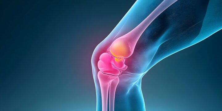 A 3D illustration of a human knee joint, highlighting its anatomy with vibrant colors to emphasize the structures involved. Concept 3D Knee Joint Anatomy, Vibrant Color Highlights, Joint Structures