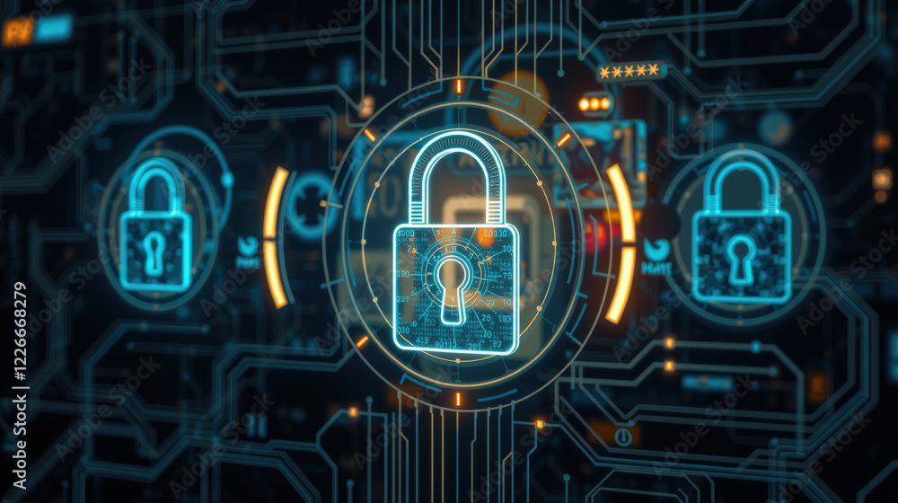 Poster digital illustration of secure network with glowing padlocks symbolizes cybersecurity and data prote