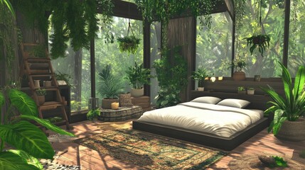 A contemporary bedroom with neutral bedding, soft rugs, and a variety of indoor plants on floating shelves