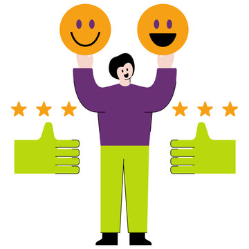 a person holding a smiley-face icon with thumbs up illustration