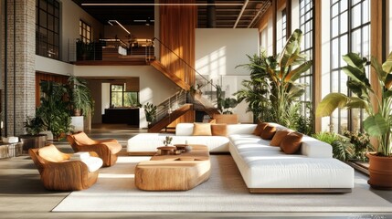 Fototapeta premium A contemporary loft-style living room with an open floor plan, natural wood elements, and tropical potted plants