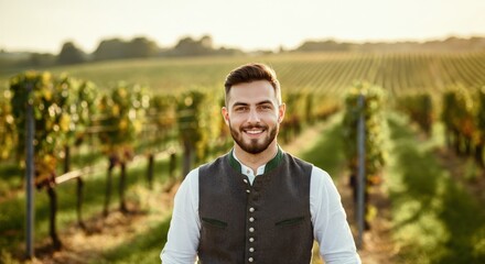 Young caucasian male in vineyard at sunset for agri tourism promotion design