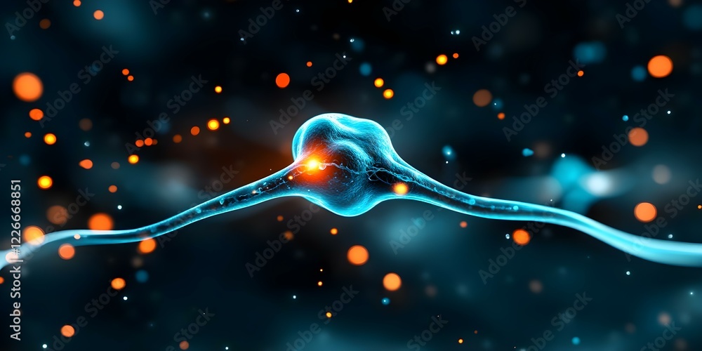 Poster a stylized depiction of a neuron with synaptic connections and glowing particles, illustrating neura