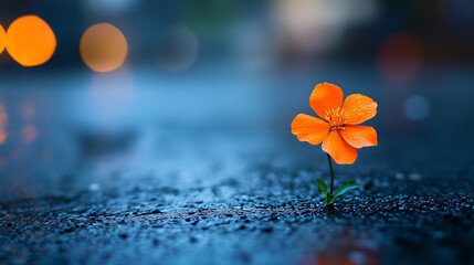 An orange flower growing on the asphalt of an urban street