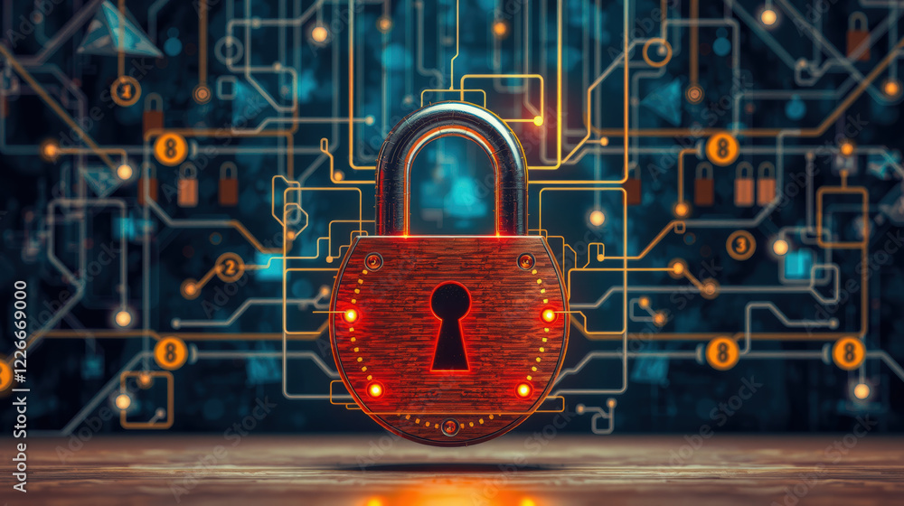 Poster glowing padlock symbolizes digital security amidst complex network of circuits, representing importa