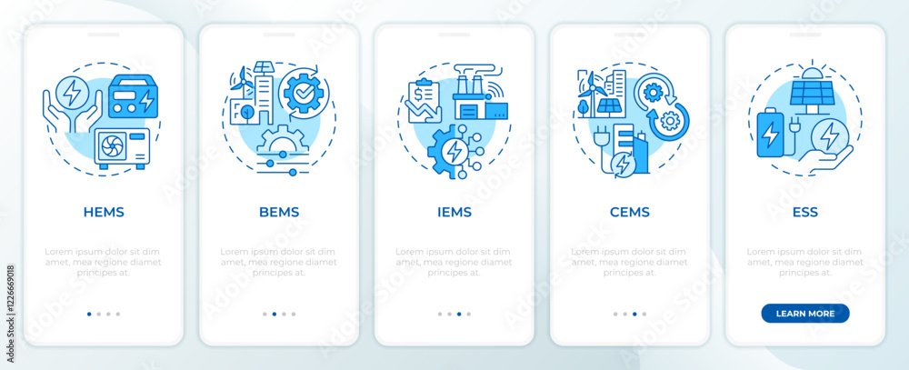 Poster ems types blue onboarding mobile app screen. consumption control. walkthrough 5 steps editable graph