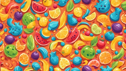 Vibrant seamless pattern featuring cartoonish fruits and playful blue blobs on an orange background, ideal for kids' products or summer-themed designs.