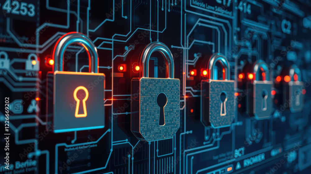 Poster row of digital padlocks glowing on circuit board represents cybersecurity and data protection. image