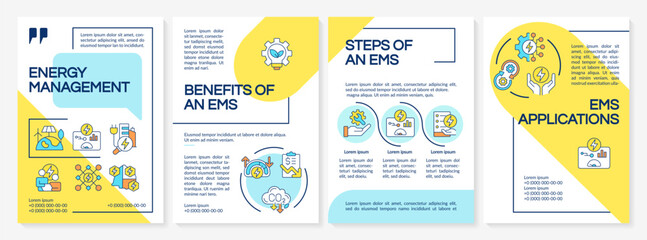EMS power management blue and yellow brochure template. System control. Compliance, regulation. Leaflet design with linear icons. Editable 4 vector layouts. Questrial, Lato-Regular fonts used