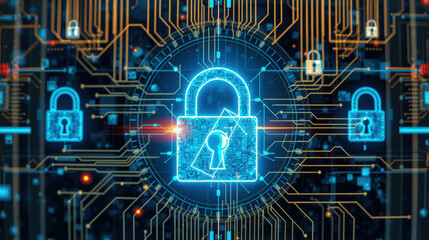 digital padlock symbolizing cybersecurity is surrounded by intricate circuit patterns, representing data protection and secure technology systems