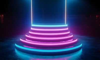 Neon steps, futuristic stage, city backdrop, product display