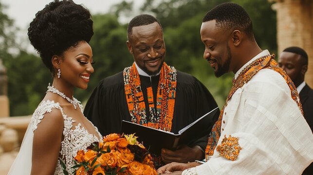 African American couple exchanging vows during an outdoor wedding ceremony. - Powered by Adobe