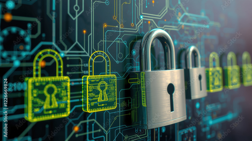 Poster series of padlocks are superimposed on digital circuit board, symbolizing cybersecurity and data pro