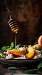 Delicious peach salad with honey drizzled over fresh mint leaves and creamy cheese on a rustic wooden background