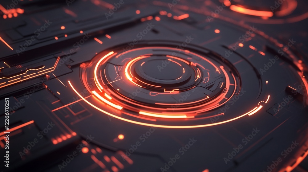Poster futuristic dark surface with glowing orange lines and circular pattern representing technology or di