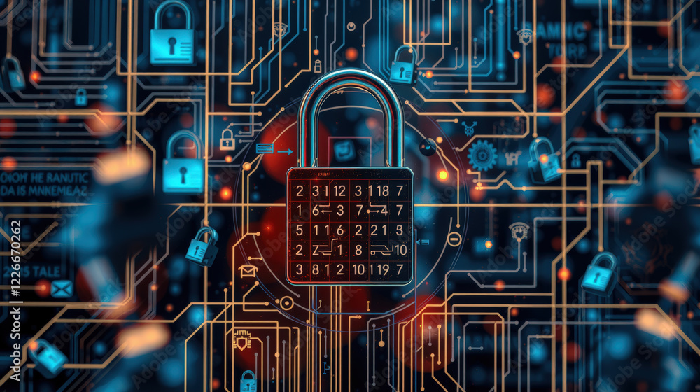 Poster digital padlock is integrated into complex circuit board, symbolizing cybersecurity and data protect