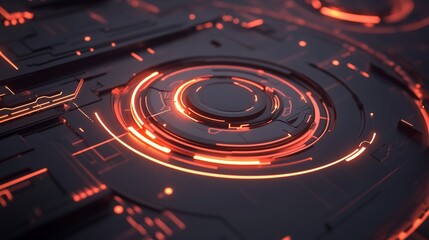Obraz premium Futuristic dark surface with glowing orange lines and circular pattern representing technology or digital design