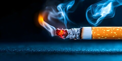 A lit cigarette with glowing embers and wisps of smoke rising against a dark background. Concept Cigarette Aesthetics, Glowing Embers, Smoke Patterns, Dark Background Photography, Moody Lighting