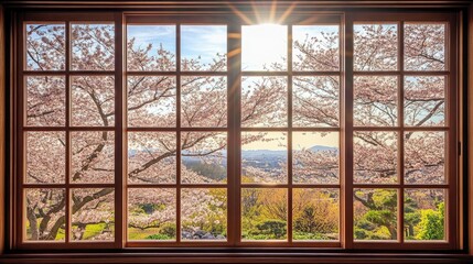 A Japanese-style window with shoji screens, overlooking a Zen garden with delicate cherry blossoms