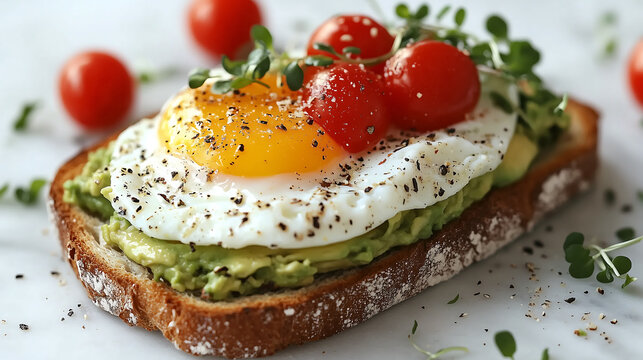 slice of toasted bread topped with mashed avocado a fried egg and cherry tomatoes Garnished with thyme A simple healthy and visually appealing breakfast or brunch option