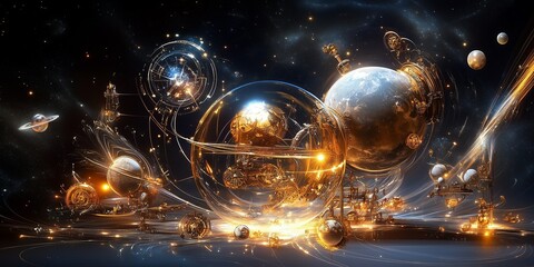 Futuristic cybernetic planets illustrating celestial mechanics