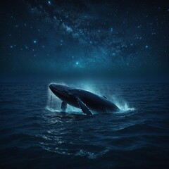 Fototapeta premium A whale surrounded by sparkling bubbles, its massive tail swaying gently.