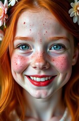 Close-up of cheerful red-haired white-skinned girl with freckles, blue eyes, even white teeth, scarlet lips on blurred green background. Vertical concept of natural beauty and health