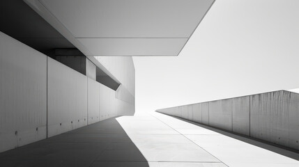 Obraz premium A black and white photograph of a building with a long hallway and a concrete wall.