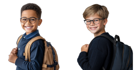 Two cheerful boys wearing glasses, carrying backpacks, dressed in casual outfits, ready for a school day on transparent background