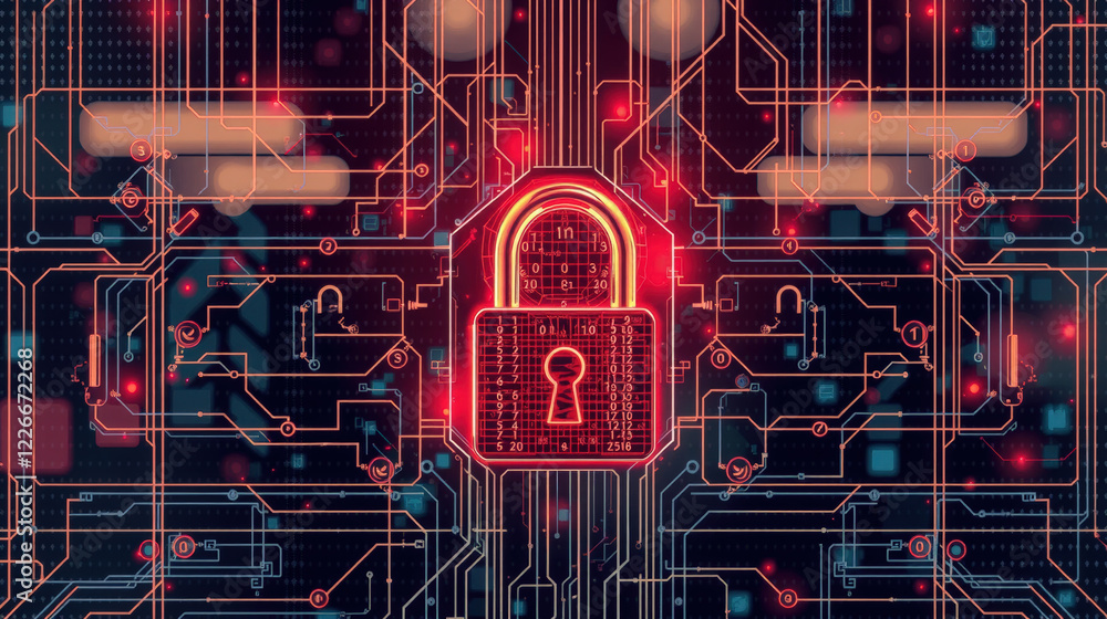 Poster glowing red padlock is depicted on digital circuit board, symbolizing cybersecurity and data protect