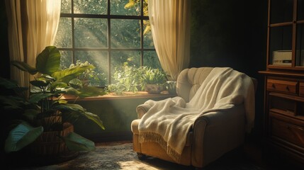 Fototapeta premium Cozy Corner with Soft Blanket and Sunlight Streaming Through Window
