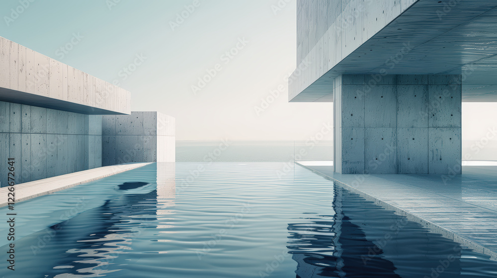 Poster a modern concrete building with a long pool and a view of the ocean.