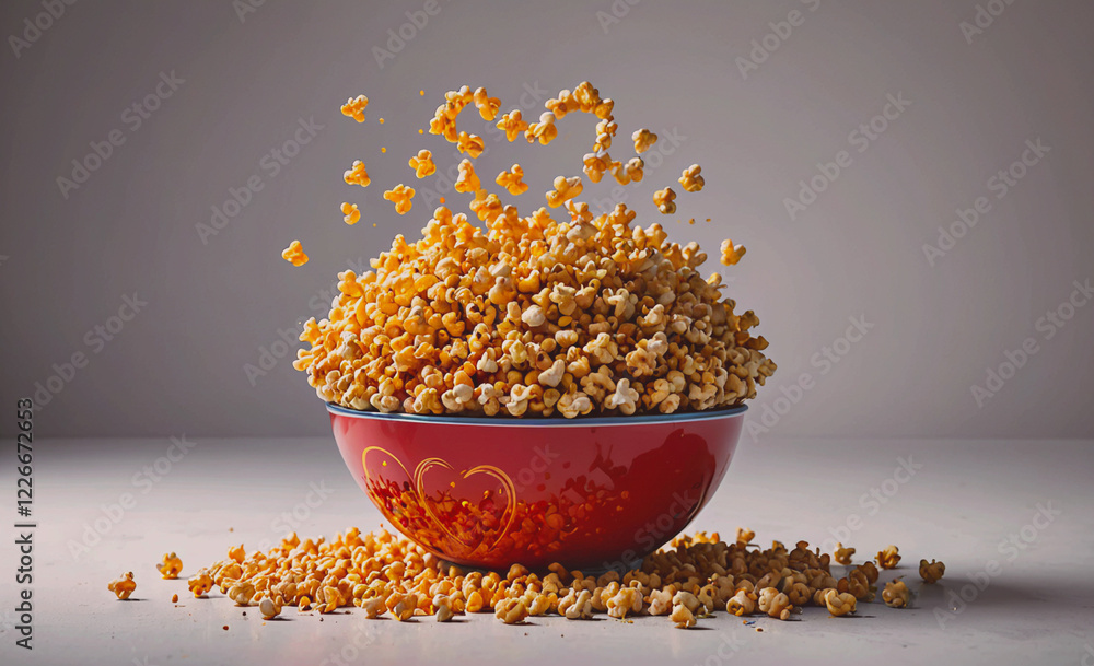 Poster A bowl of popcorn is overflowing with kernels, creating a sense of abundance and indulgence. The red bowl and the scattered popcorn create a cozy and inviting atmosphere, perfect for a movie night or