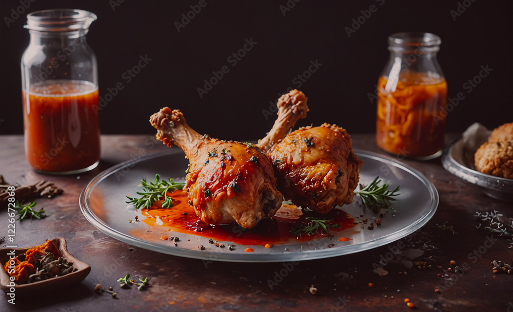 Aufkleber a plate of chicken with sauce on it is on a table. there are two jars of sauce and a bowl of herbs