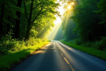 Obraz premium Sunlit Pathway Through Verdant Woods A Serene Road Beckons, Bathed in Golden Light and Morning Mist