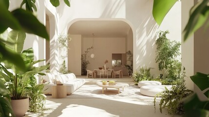 Obraz premium A minimalist terrace with neutral-toned furniture, surrounded by greenery and potted flowers