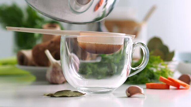 Pour hot, fatty bone broth into a large glass mug. Strain the broth through a sieve. Keto nutrition. Healthy lifestyle. Calorie-rich hot soup. Soup base, natural collagen. Trendy super food