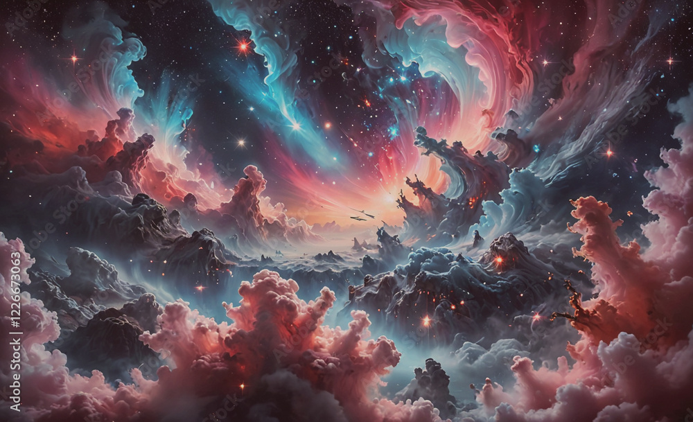 Poster a beautiful and colorful space scene with a variety of clouds and stars. the colors are vibrant and 