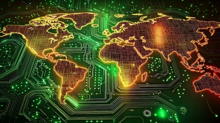 Obraz premium Futuristic World Map with Circuit Patterns and Neon Glow Effects