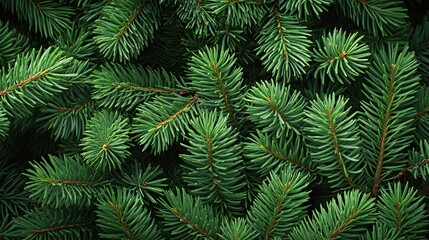 a closeup of green pine fir tree branches against a dark background, capturing nature's Christmas design and the texture of evergreen foliage, perfect for winter and Xmas concepts.