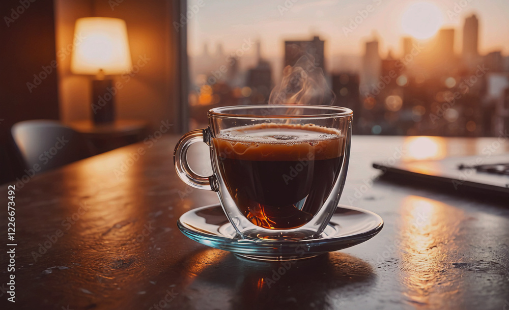 Poster a cup of coffee sits on a saucer on a table. the coffee is steaming and the sun is setting in the ba