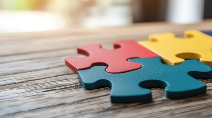 A close-up view of colorful puzzle pieces resting on a wooden surface, showcasing vibrant red, yellow, and green colors.
